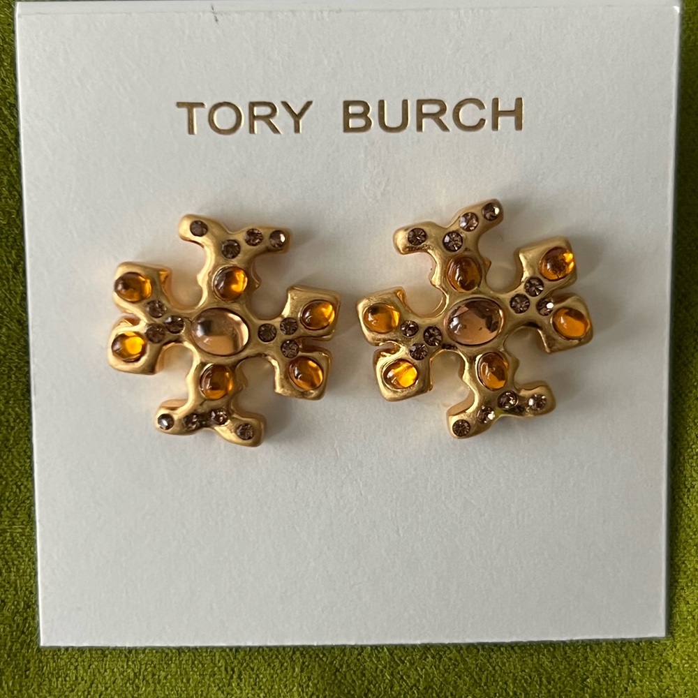Tory Burch Roxanne Gold Earrings with Amber color stones